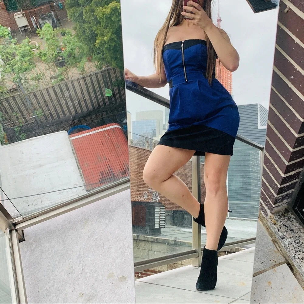 h&m blue bodycon dress lace draped top section with a high neckline and gathers on the shoulders Thierry Mugler Mugler x H&M